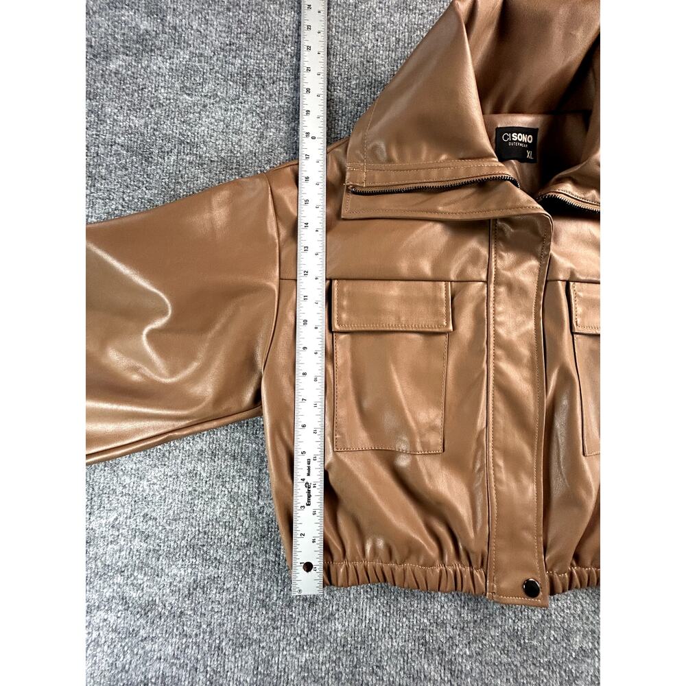 Cisono Women's XL Brown Faux Leather Cropped Jacket Balloon Sleeve Vegan Leather - Picture 7 of 9